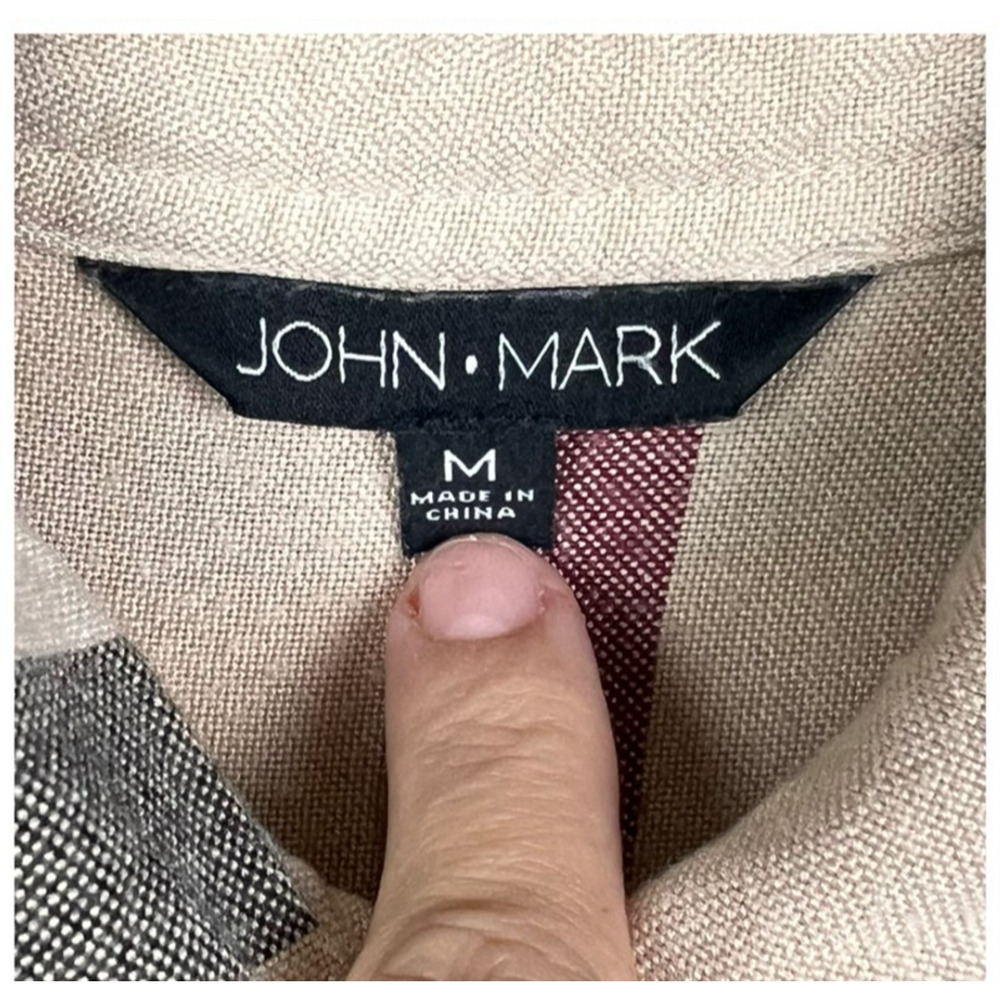 JHON.MARK PLaid Button Down Shirt M Tan Black Check Long Sleeve Frayed Hem - Picture 3 of 9